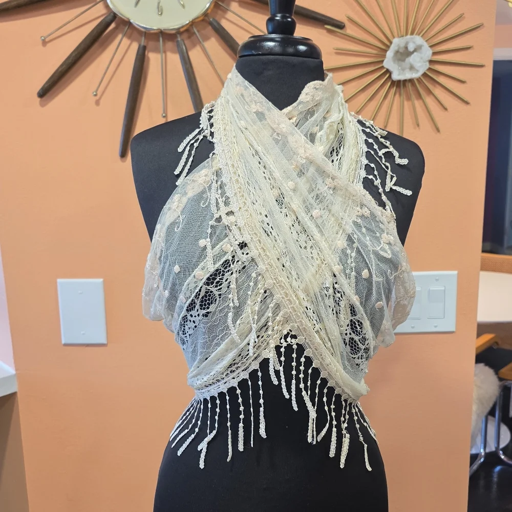 Boho Chic Scarf Festival Fringe Wrap Pier 1 Cream Bohemian Hippie Vacation